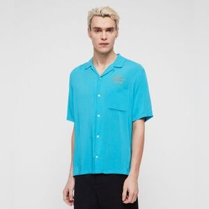 AllSaints Men’s Oblivion Button Down Shirt in Tropicana Blue Size M